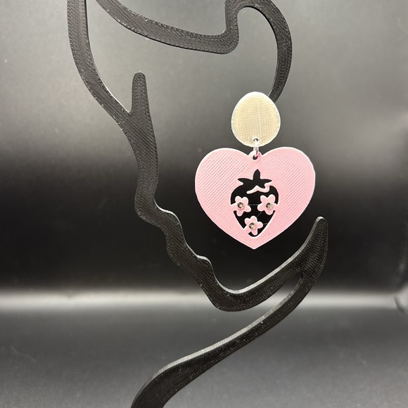 Pink Heart Strawberry Rhinestone Earrings - Picture 4 of 5